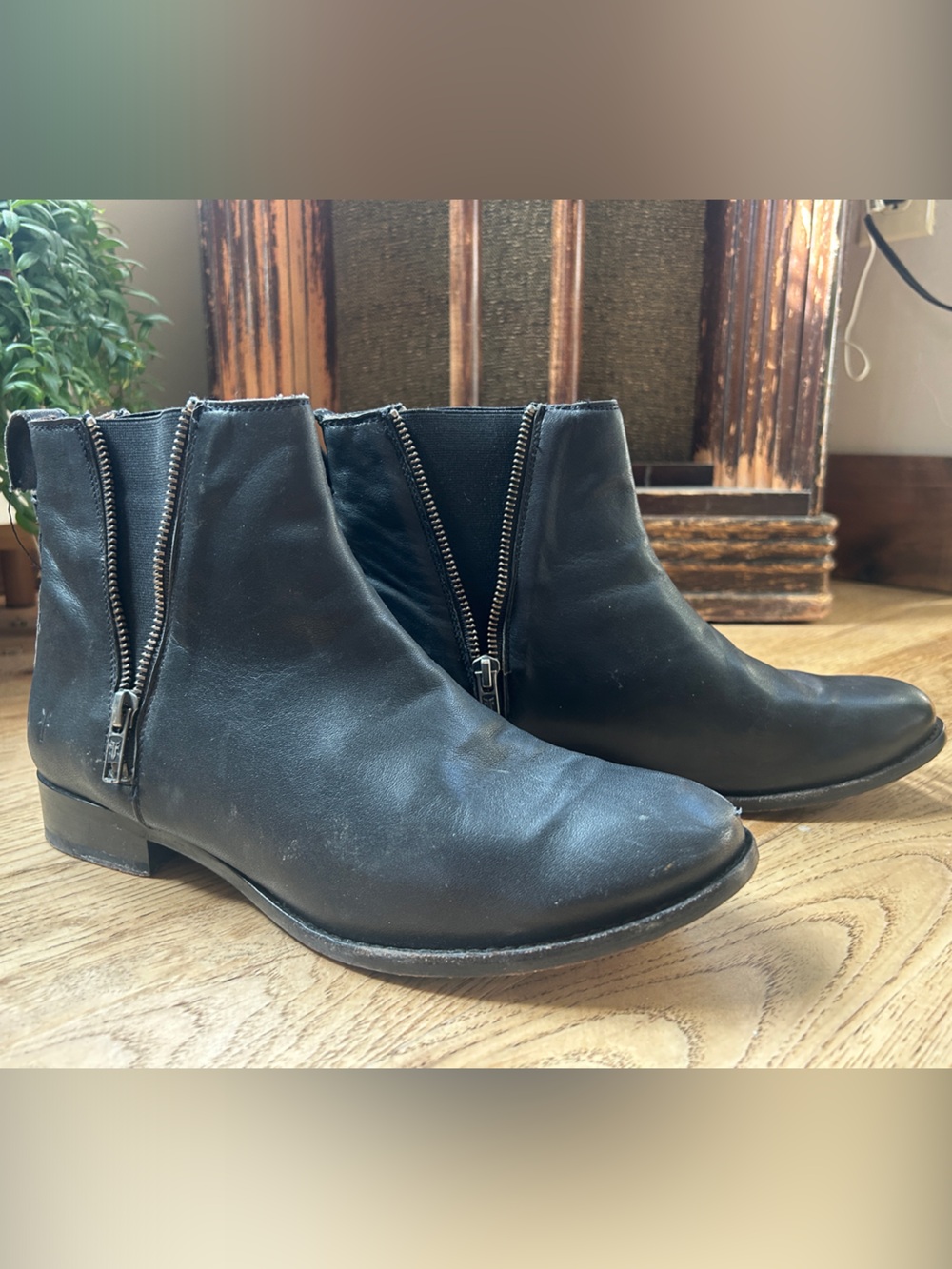 Frye Black Leather Ankle Booties with Exterior Zippers